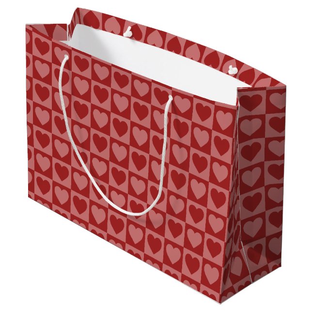 Modern Retro Red and Pink Minimalist Heart Pattern Large Gift Bag (Back Angled)