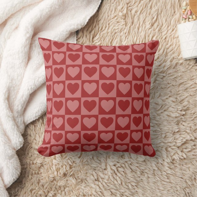Modern Retro Red and Pink Minimalist Heart Pattern Throw Pillow (Blanket)