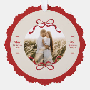 Modern Retro Red Bows Trendy Christmas photo Ornament Card