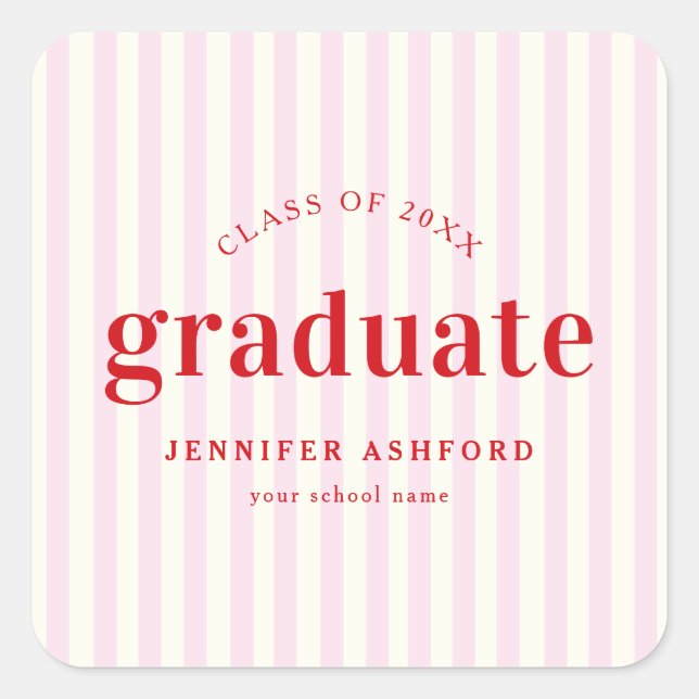Modern Retro Red & Pink Stripes Graduation Party Square Sticker (Front)
