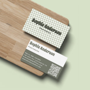 Modern Retro Sage Green Chequerboard with QR Code Business Card