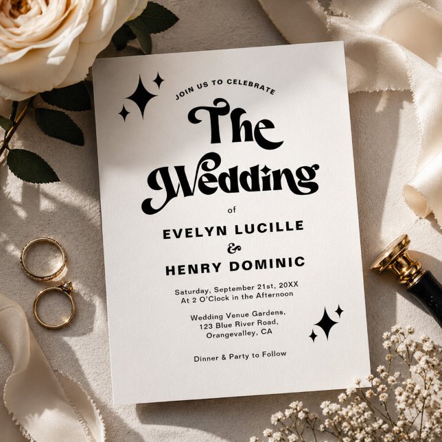 Modern Retro Script Black and White Wedding Invitation (Creator Uploaded)