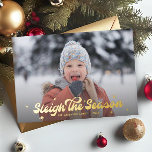 Modern Retro Sleigh The Season Photo Christmas Foil Holiday Card