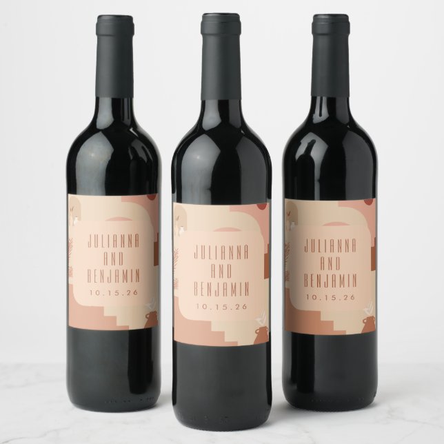 Modern Retro Soft Terracotta Shapes Custom Wedding Wine Label (Bottles)