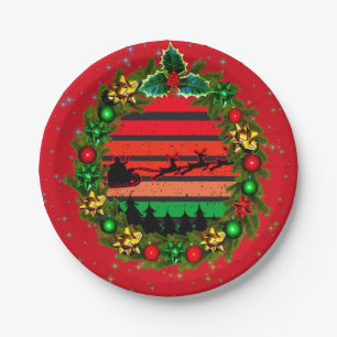 Modern Retro Sunset Red Green Santa  Wreath 7'" Paper Plate