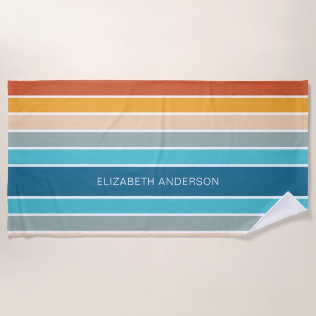 Modern Retro Sunset Stripes Personalized  Beach Towel (Front)