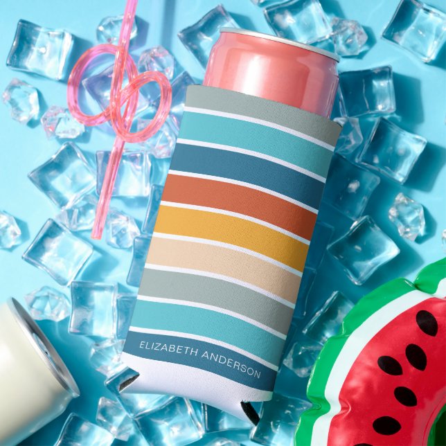 Modern Retro Sunset Stripes Personalized  Seltzer Can Cooler (In Situ Summer)