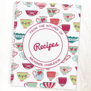 Modern Retro Teacup Pattern Personalized Recipe Notebook