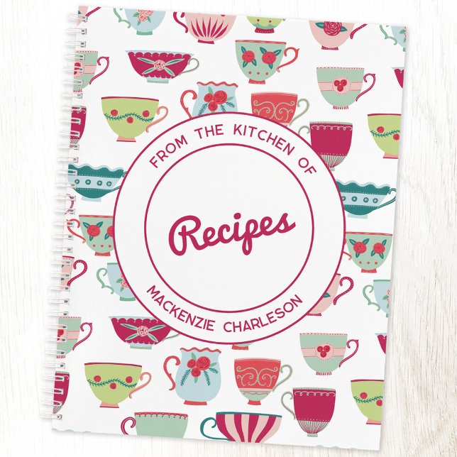 Modern Retro Teacup Pattern Personalized Recipe Notebook (Retro modern teacup pattern personalized recipe notebook)