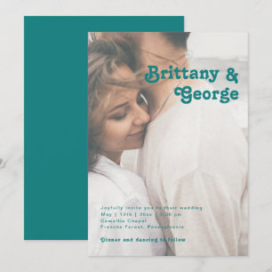 Modern Retro Teal Casual Faded Photo Wedding Invitation