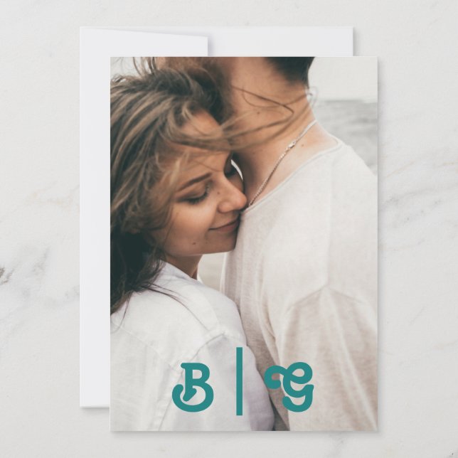 Modern Retro | Teal Casual Photo Monogram Invitation (Back)