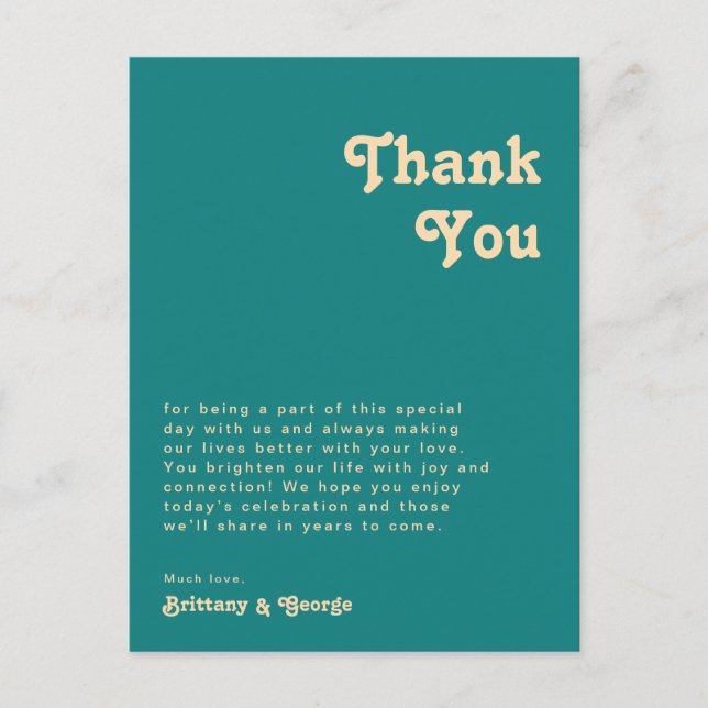Modern Retro Teal Reception Table Thank You Card (Front)