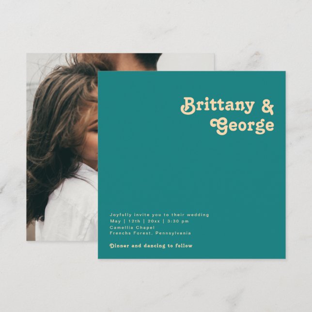 Modern Retro | Teal Square Photo Wedding Invitation (Front/Back)