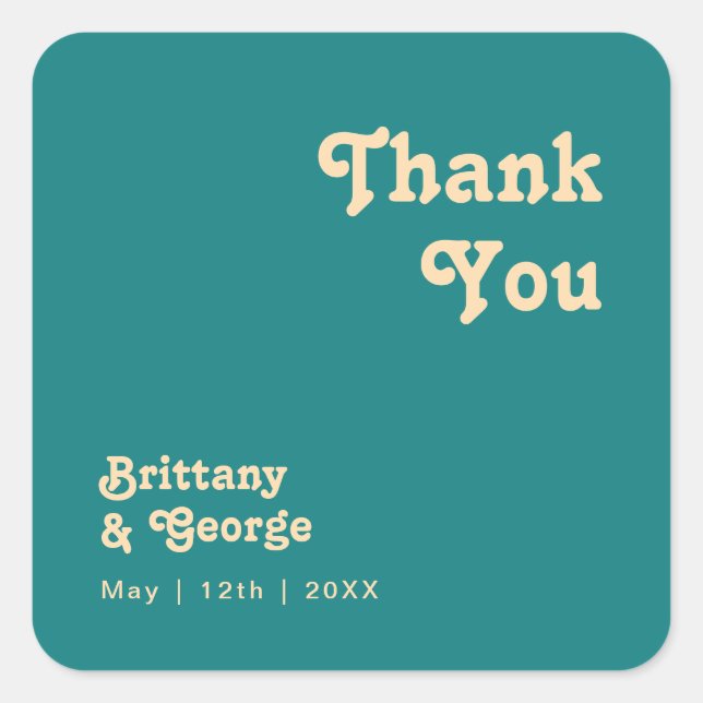 Modern Retro | Teal Thank You Wedding Favour Square Sticker (Front)