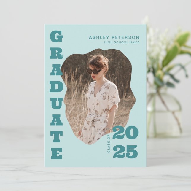 Modern Retro Teal Typography 2 Photo Graduation Invitation (Standing Front)