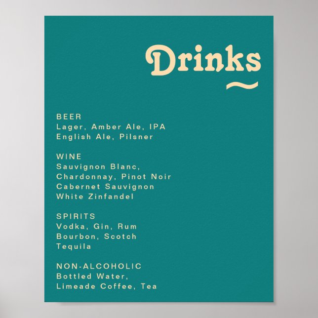 Modern Retro | Teal Wedding Drinks Menu Sign (Front)