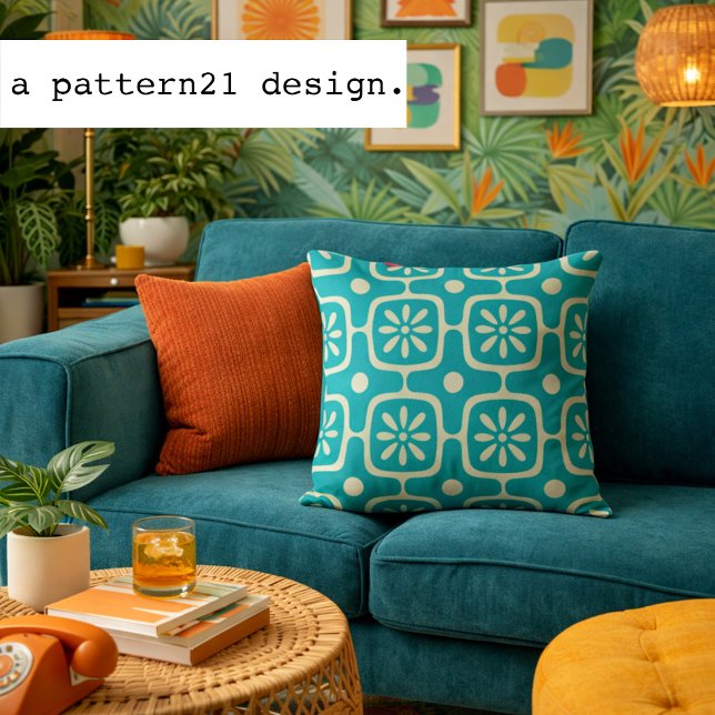 modern retro throw pillow (modern retro patterned pillow in teal)