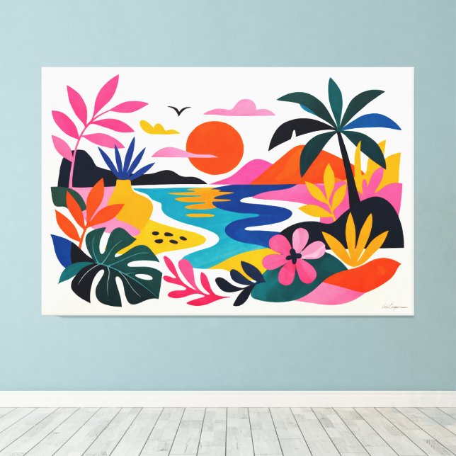Modern retro tropical landscape canvas print (Insitu(Wood Floor))