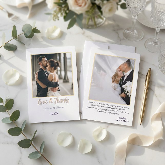 Modern Retro Typography Faux Gold Photo Wedding Thank You Card (Creator Uploaded)