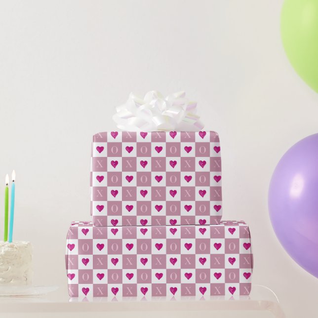 Modern Retro Valentine Pink Hearts XO Checks Wrapping Paper (Party Gifts)