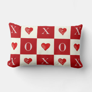 Modern Retro Valentine Red Hearts XO Checks Lumbar Pillow