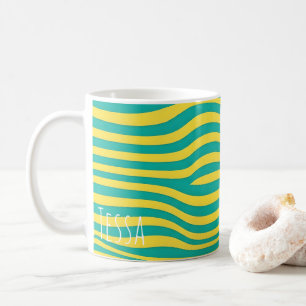 Modern Retro Wavy Lines Pattern in Teal and Yellow Coffee Mug