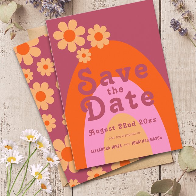 Modern Retro Wedding Save The Date (Retro daisy arch pink and orange groovy typography wedding save the date)