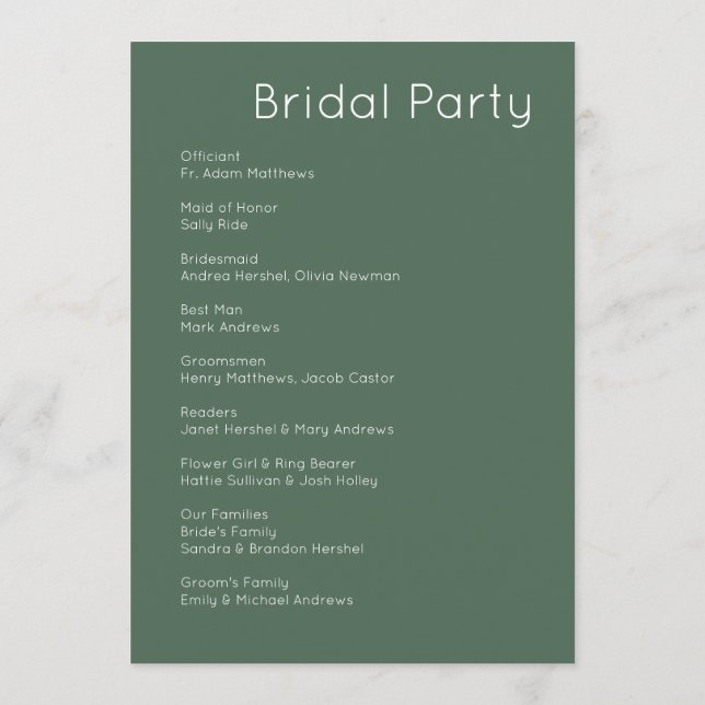 Modern Retro White & Olive Green Wedding Program (Back)