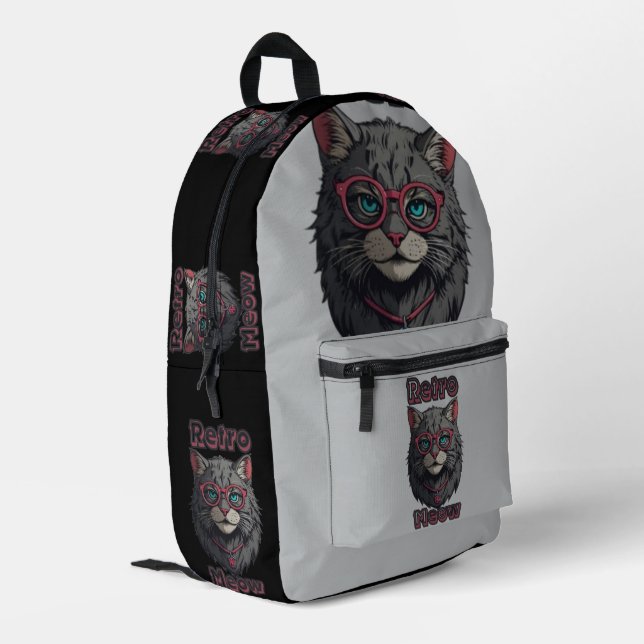 Modern Retro Wild GrayCat Illustration Printed Backpack (Back Corner Left)