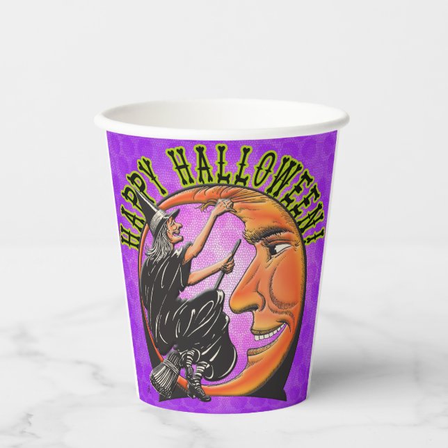 Modern Retro Witch and Moon on Violet Polka Dots Paper Cups (Front)
