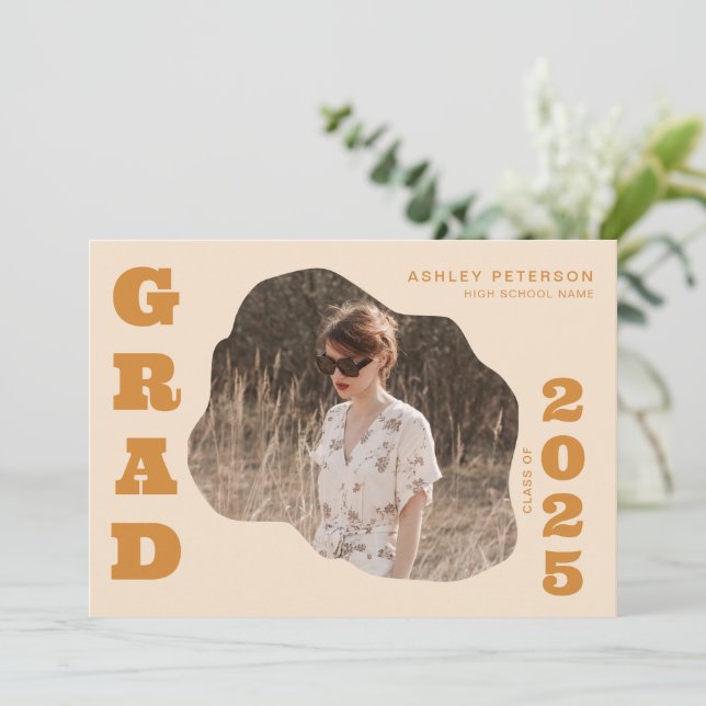 Modern Retro Yellow Typography 2 Photo Graduation Invitation (Standing Front)