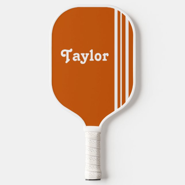 Modern Retrowhite Stripes Orange Personalized Pickleball Paddle (Front)