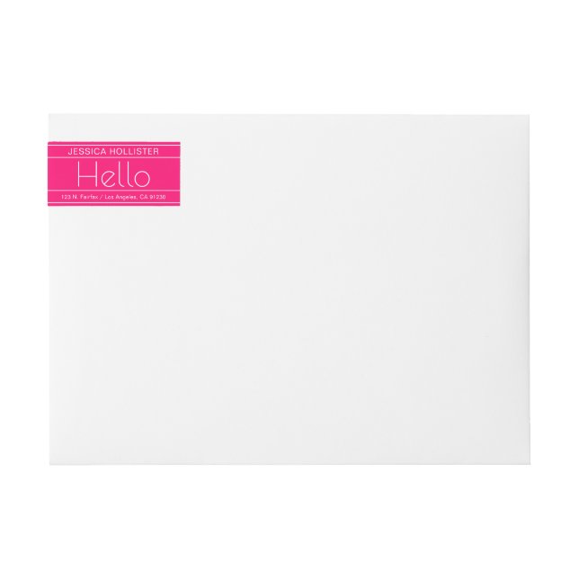 Modern Return Address  "Hello" Magenta & White Wrap Around Label (Front)