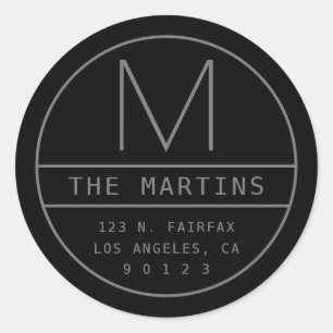 Modern Return Address & Monogram   Black & Grey Classic Round Sticker