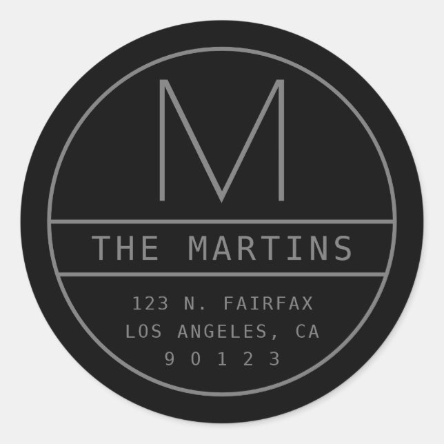 Modern Return Address & Monogram | Black & Grey Classic Round Sticker (Front)