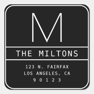 Modern Return Address & Monogram   Black & White Square Sticker