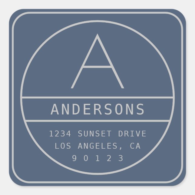 Modern Return Address & Monogram | Blue Grey Square Sticker (Front)