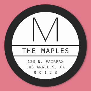 Modern Return Address & Monogram Gradient Black Classic Round Sticker