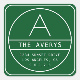 Modern Return Address & Monogram   Green Square Sticker