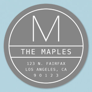 Modern Return Address & Monogram   Grey Classic Round Sticker
