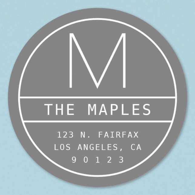 Modern Return Address & Monogram | Grey Classic Round Sticker (Creator Uploaded)