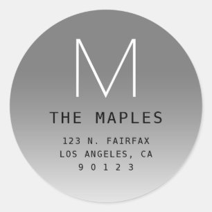 Modern Return Address & Monogram   Grey Ombre Classic Round Sticker