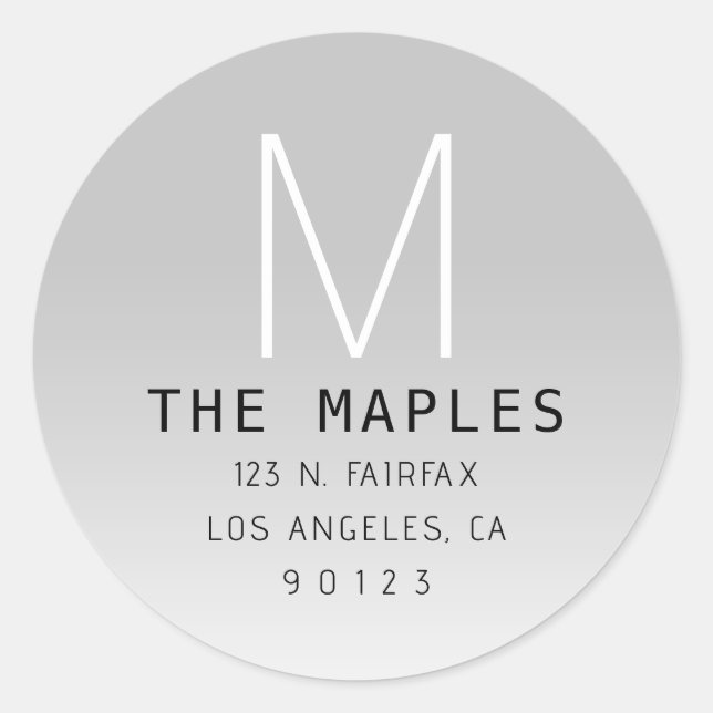 Modern Return Address & Monogram | Grey Ombre Classic Round Sticker (Front)