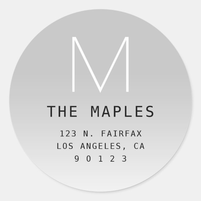 Modern Return Address & Monogram | Grey Ombre Classic Round Sticker (Front)