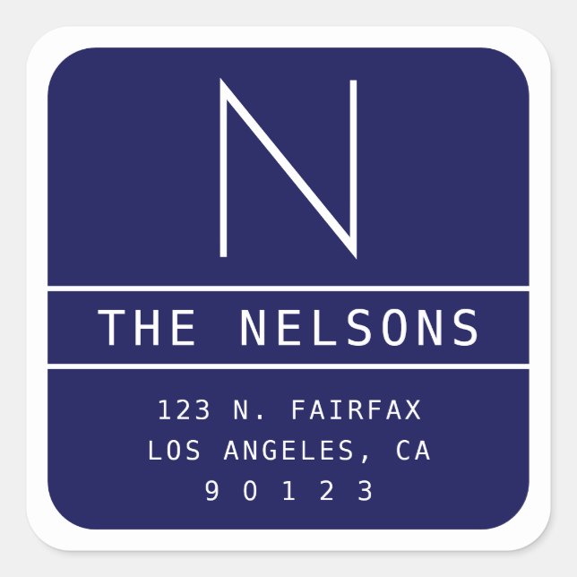 Modern Return Address & Monogram | Navy Blue Square Sticker (Front)