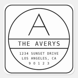 Modern Return Address & Monogram   White and Black Square Sticker