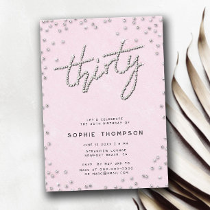 Modern Rhinestones Calligraphy Pink 30th Birthday Invitation