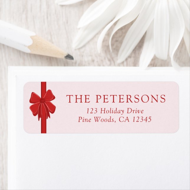 Modern Ribbon Bow Wrapped Christmas Return Address (Insitu)