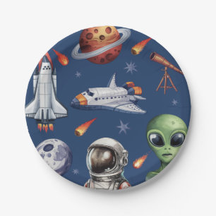 Modern Rocket Ship Space Planet Birthday or Shower Paper Plate