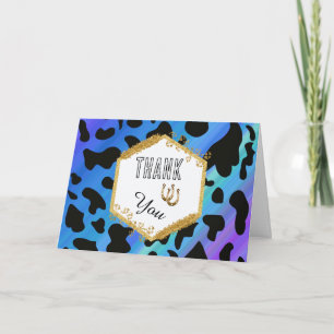 Modern Rodeo Birthday Electric Blue Cow Print Thank You Card